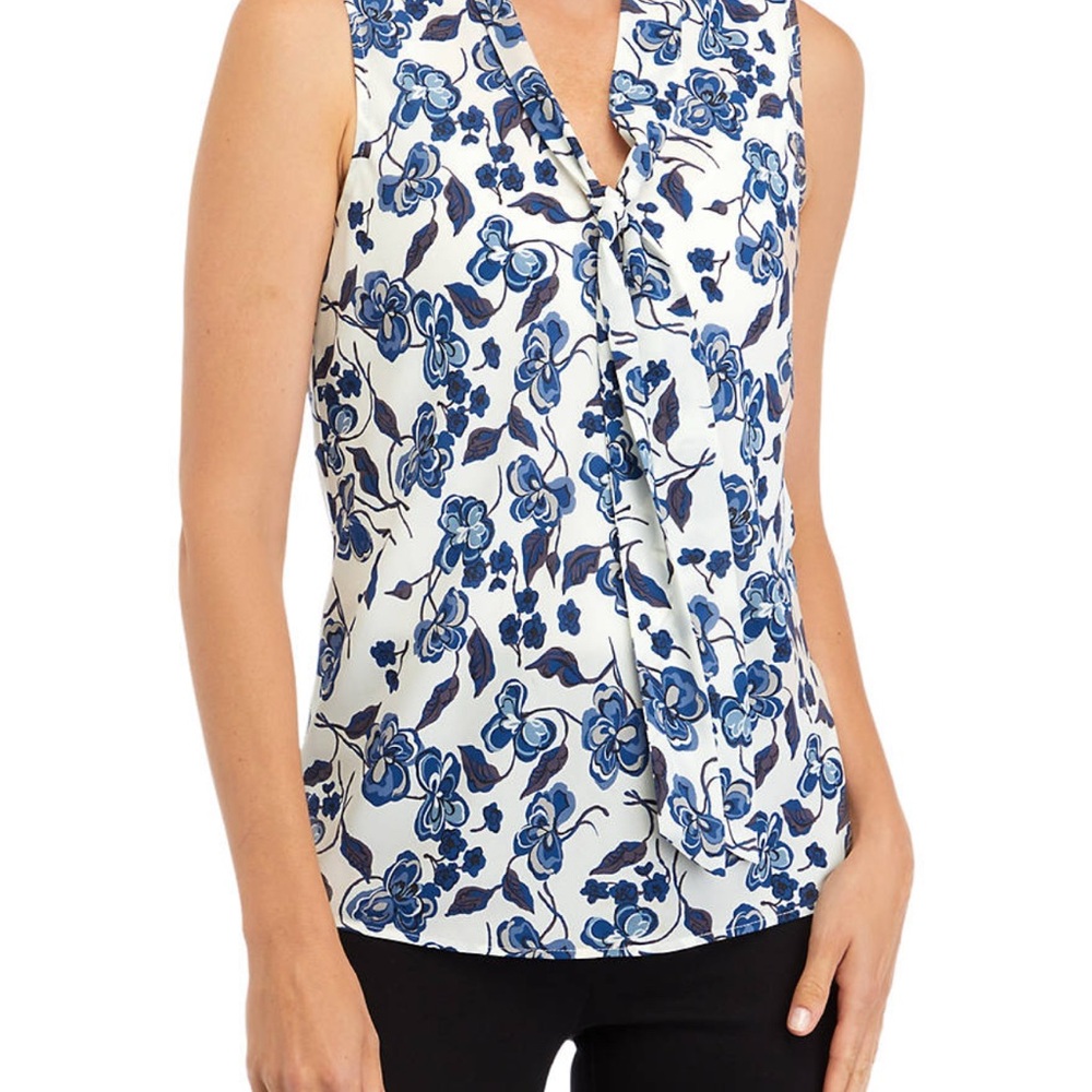 Kasper Blue and White Tie Front Sleeveless Blouse